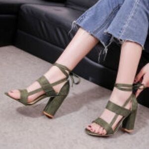 Green Ankle-Tie Block-Heel Sandals
